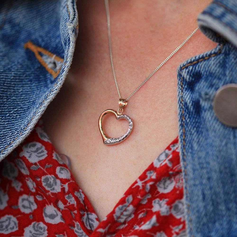 9ct Two-Tone Gold Diamond Cut Open Heart Pendant