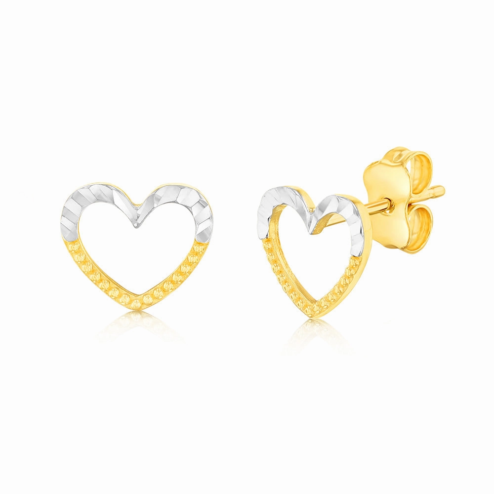 9ct Yellow And White Gold Small Open Heart Stud Earrings