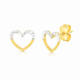 9ct Yellow And White Gold Small Open Heart Stud Earrings
