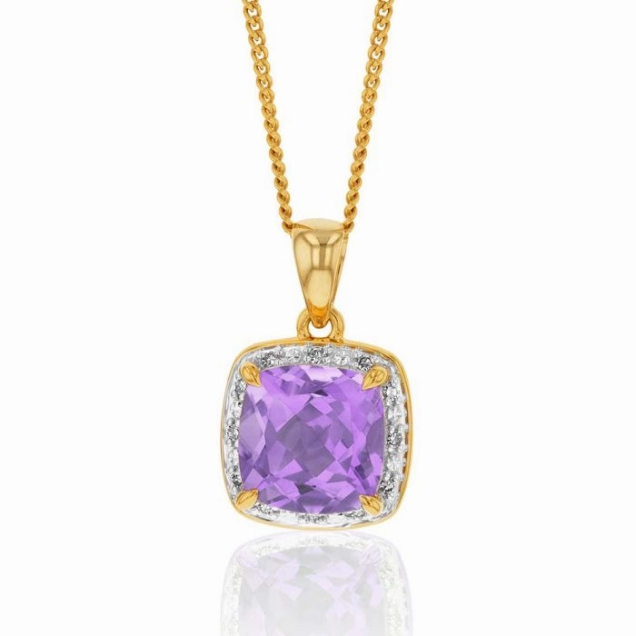 9ct Yellow Gold Amethyst and Diamond Pendant