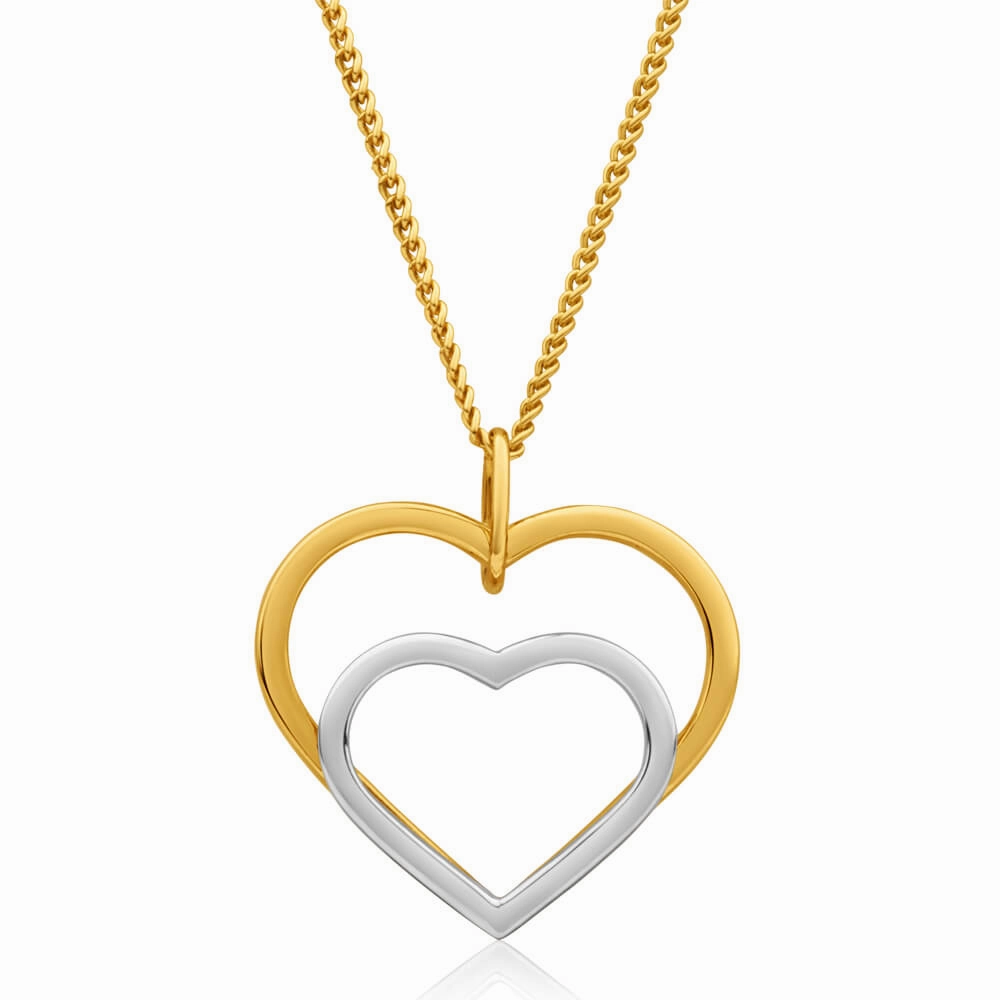 9ct Yellow Gold & White Gold Double Heart Pendant - Small Heart in White