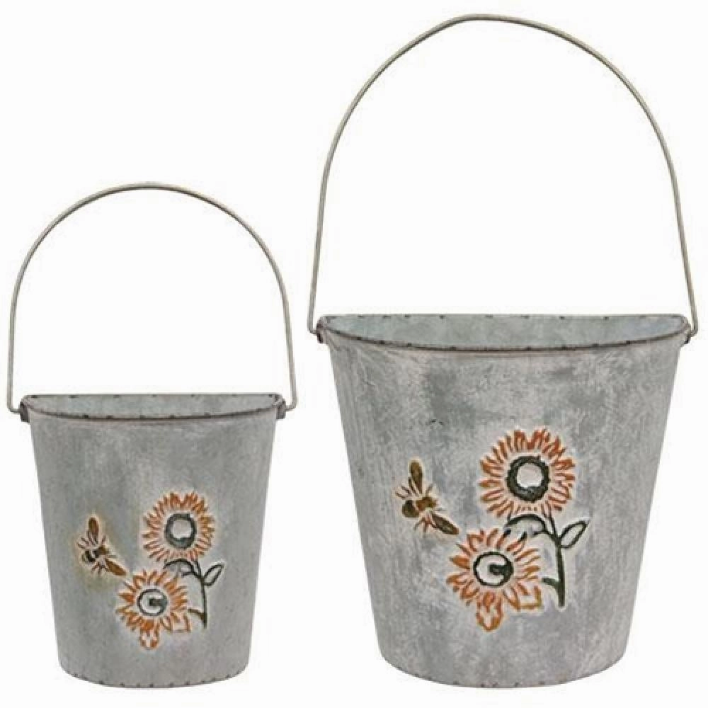 *2/Set Washed Metal Sunflower & Bee Wall Buckets
