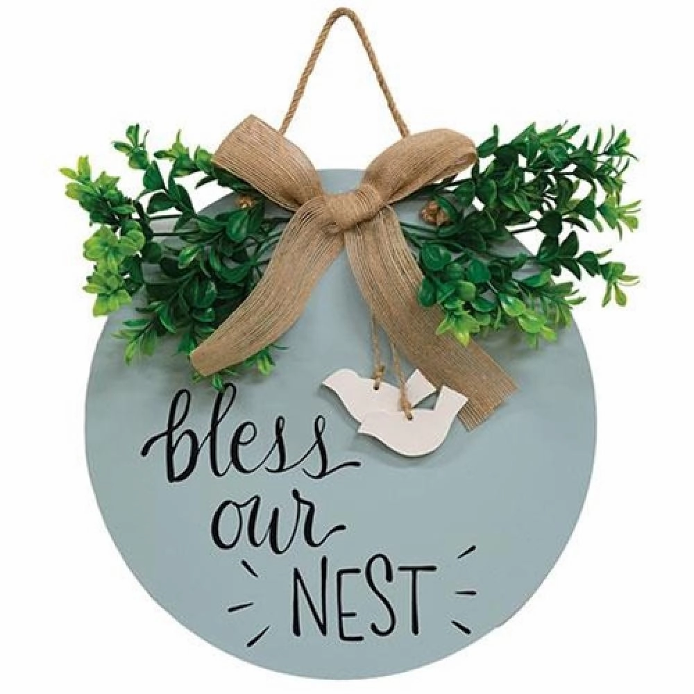 *Bless Our Nest Round Sign w/Greenery & Burlap Bow