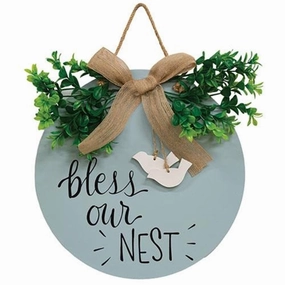 *Bless Our Nest Round Sign w/Greenery & Burlap Bow