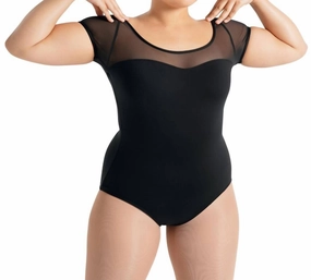 Mesh Yoke Short Sleeve Leotard In Black