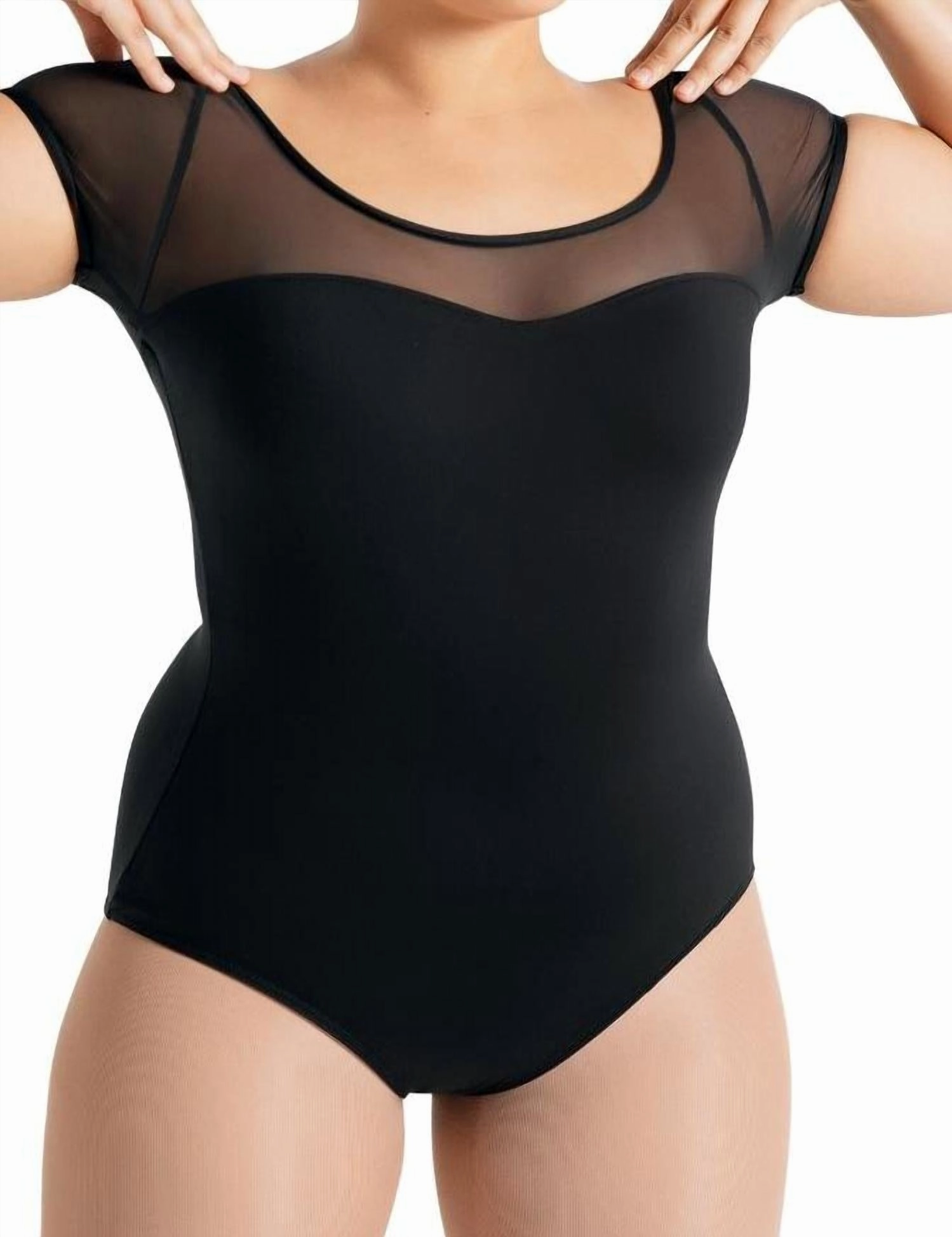 Mesh Yoke Short Sleeve Leotard In Black