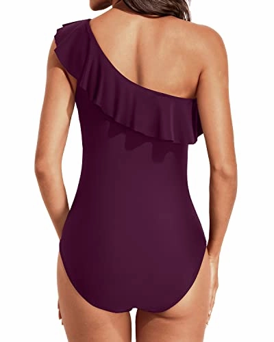 Modern Asymmetric Neckline One Shoulder Swimwear-Maroon