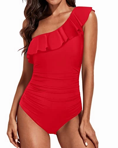 Ruched One Shoulder One Piece Swimsuits-Red