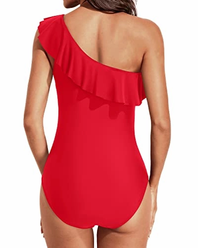 Ruched One Shoulder One Piece Swimsuits-Red