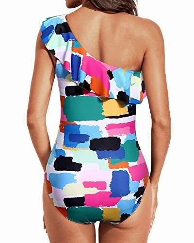 Ruffle Accented One Shoulder One Piece Swimsuits-Aqua