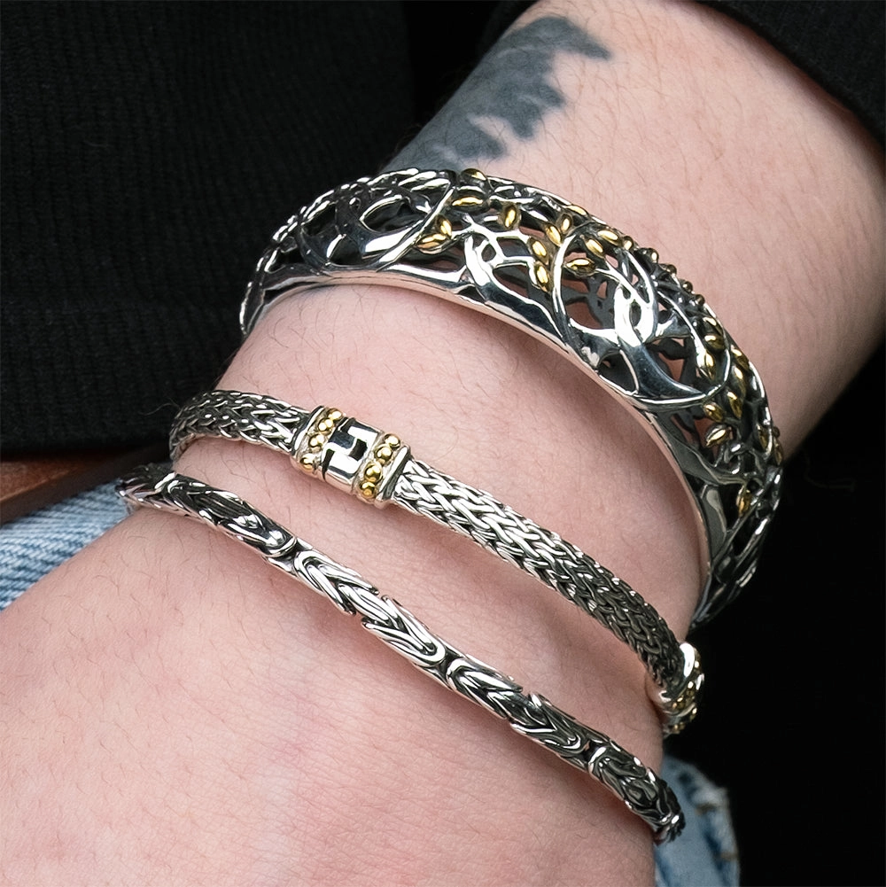 Silver and 18k Gold Tree of Life Hinged Bangle